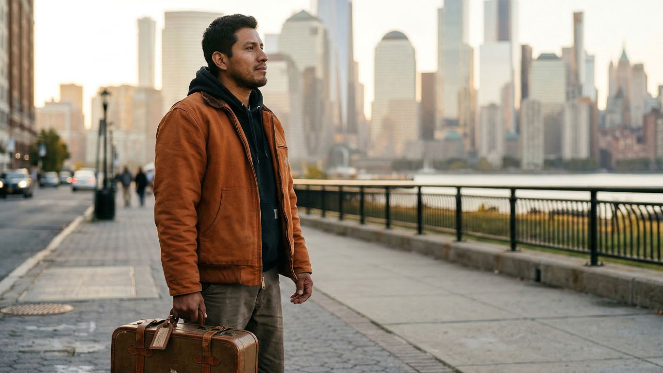 Hombre inmigrante mirando el horizonte de Nueva York buscando asilo en Estados Unidos