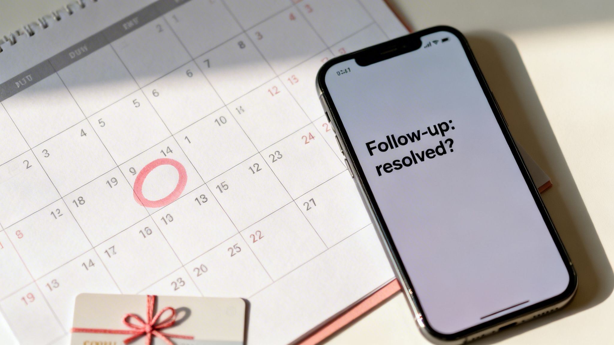 A smartphone displays a 'Follow-up: resolved?' message next to a calendar with a date circled and a gift card.
