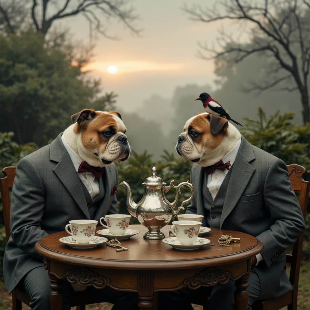 zwei hunde mit anzügen sitzen an einem tisch und trinken kaffee