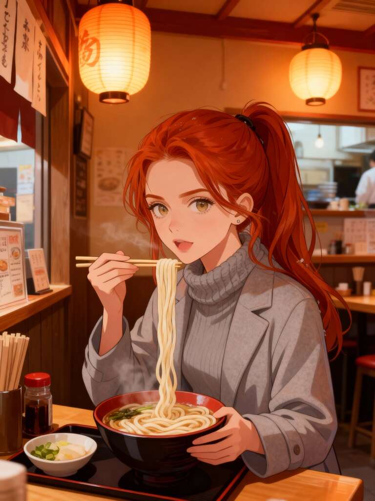 Anime girl eating udon made with Runway AI Video Generation.