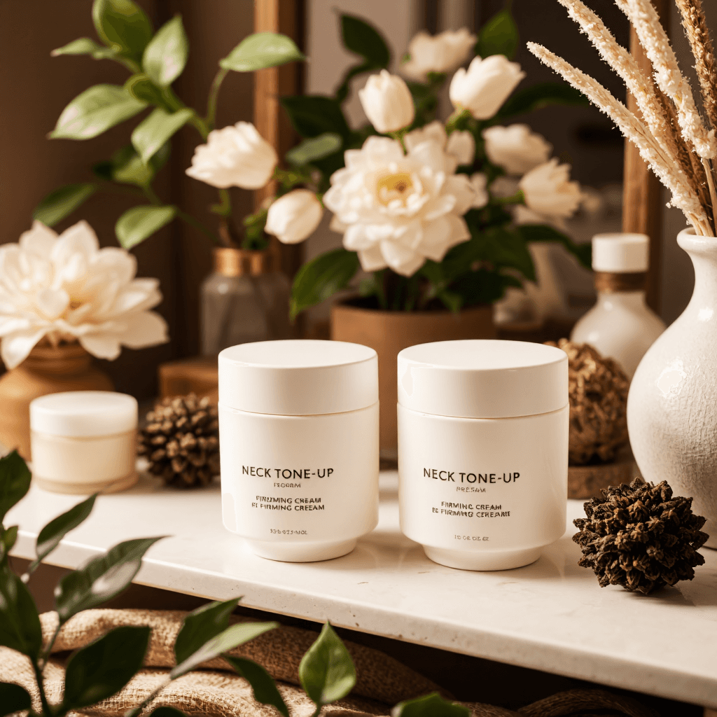 product photography of jars of neck tone-up and firming cream