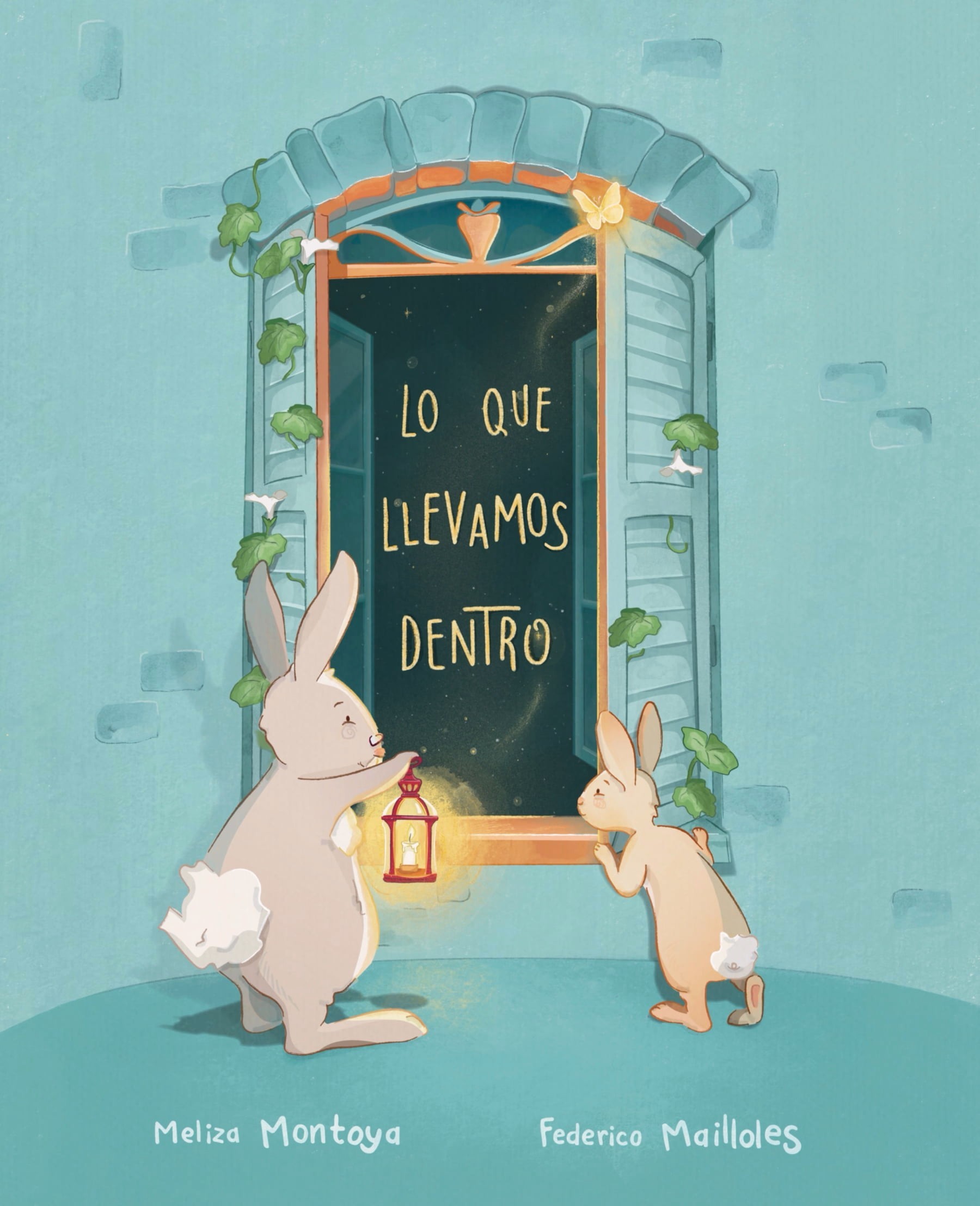 A book cover illustration of a grandfather rabbit and a child holding a candle while opening a window and looking inside with curiosity.