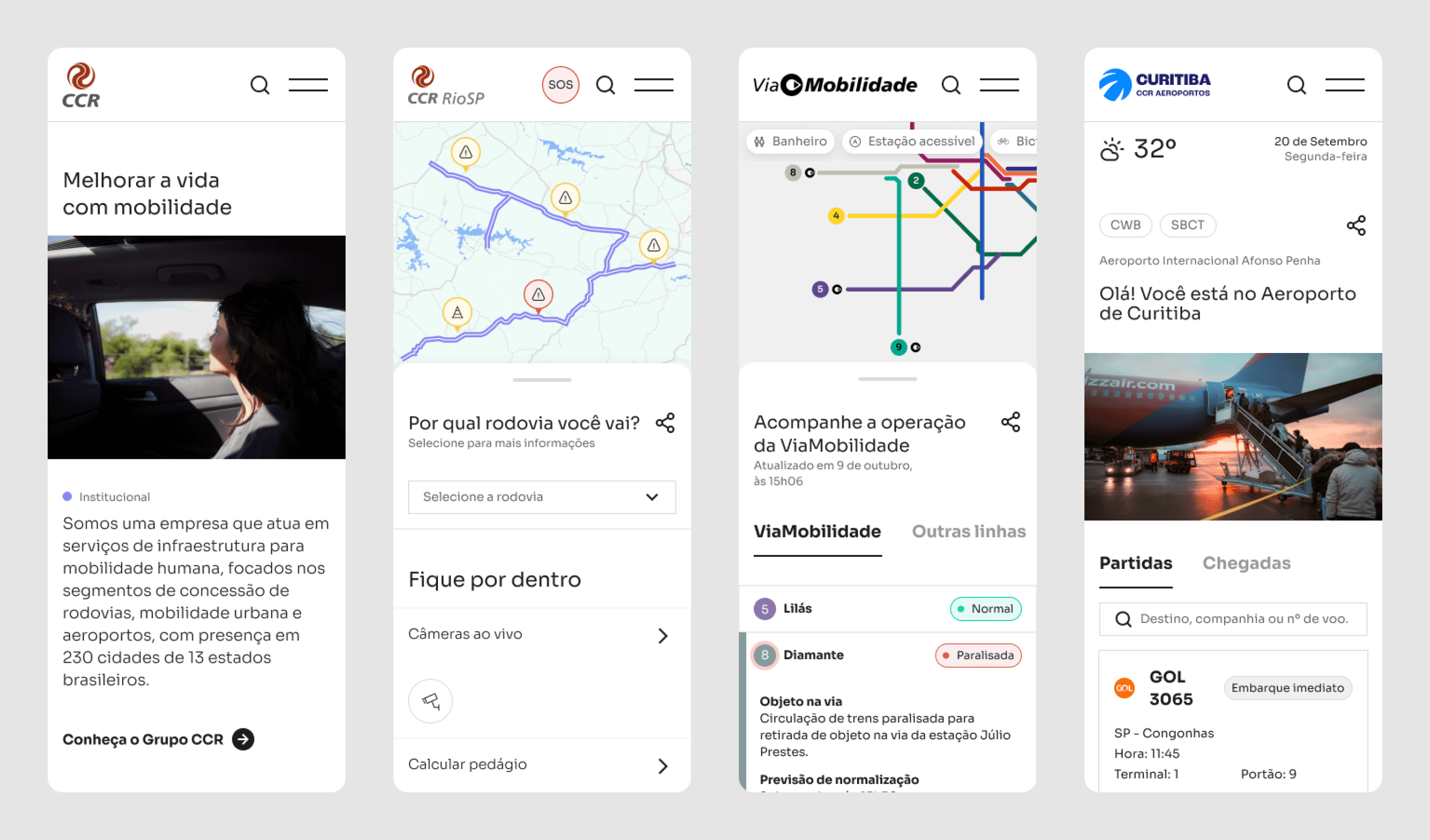 Home mobile Grupo CCR, CCR Rio SP, Via Mobilidade, CCR Aeroportos Curitiba