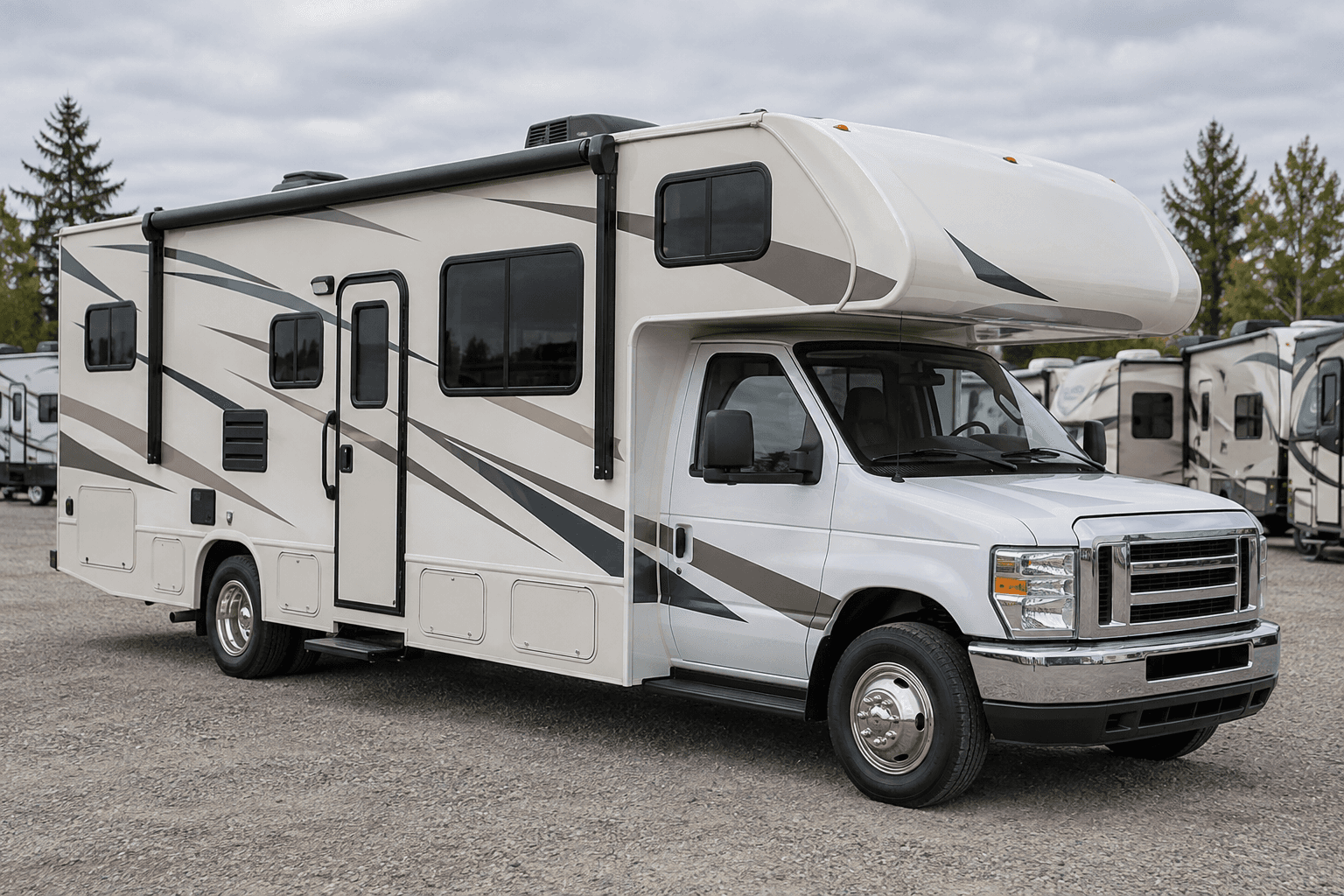 An unbranded Class C motorhome parked on an RV lot.