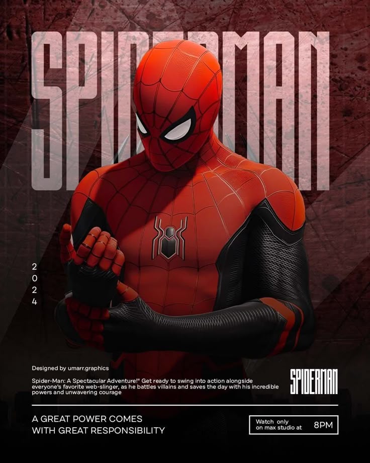 Spider-Man stands on a textured brown background, arms crossed. His red and black suit and the bold "SPIDERMAN" text convey action and heroism.