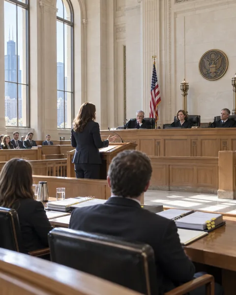 A trial lawyer addressing the bench in a wood-panelled federal courtroom