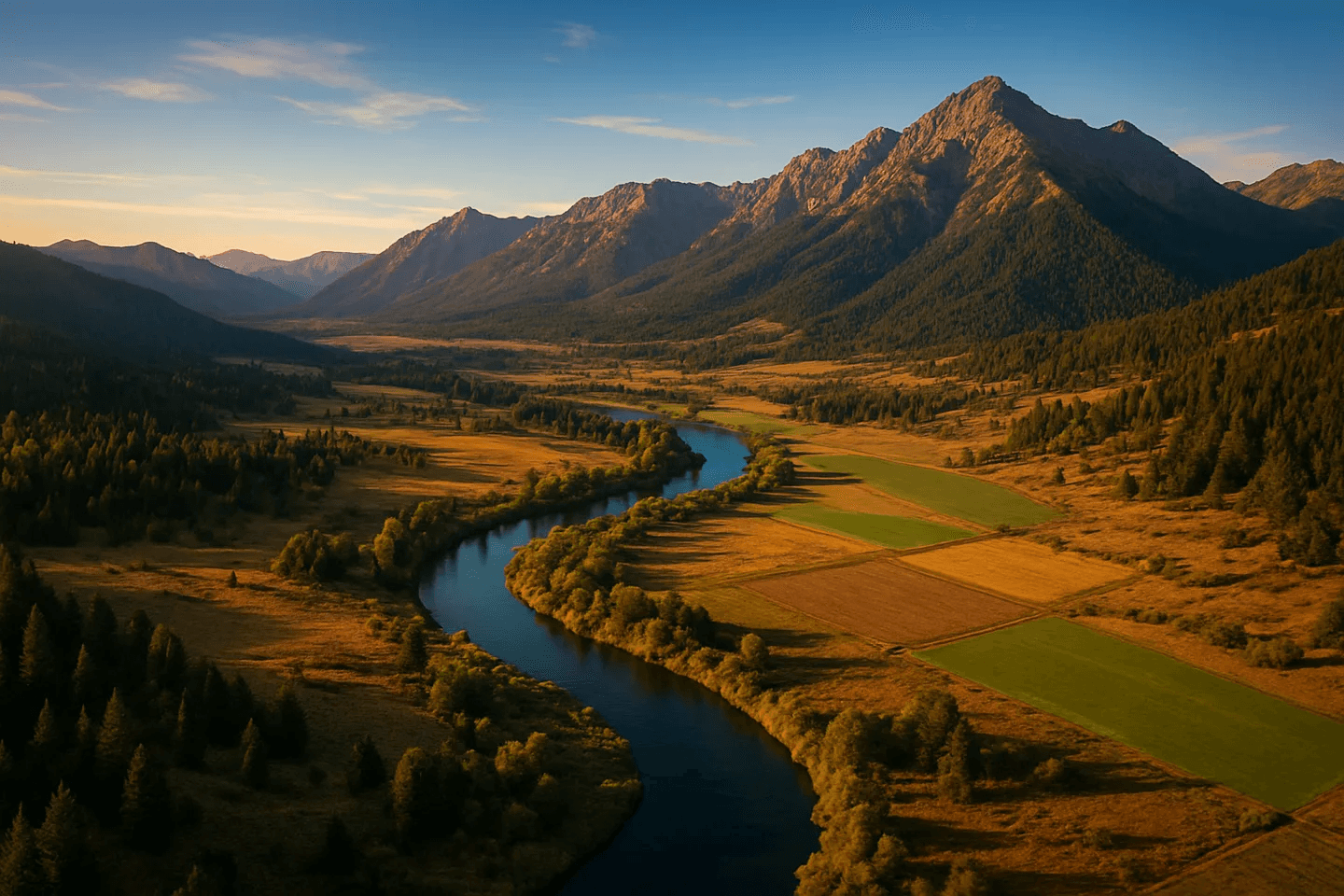 Mountain valley with a sinuous river and fields.