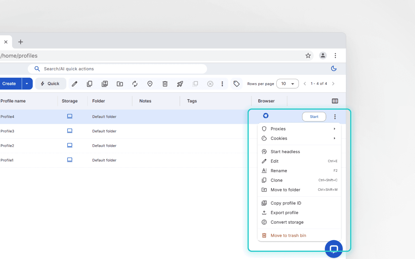 Actions with profiles in Multilogin X