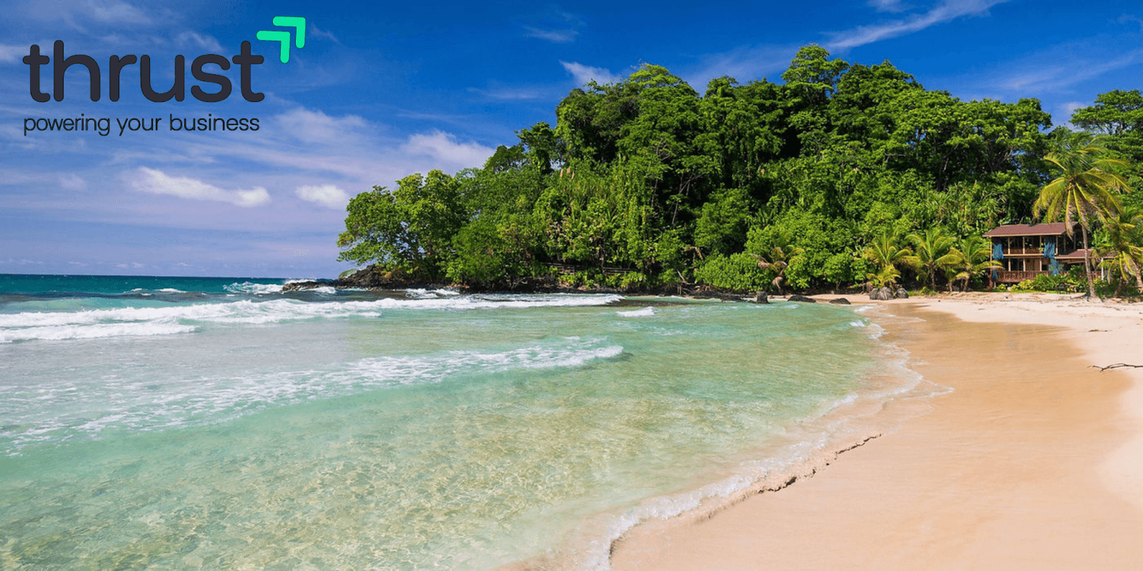 Beachfront view with Thrust Management logo, symbolizing straightforward business setup solutions in Dubai, Panama, and the UK.