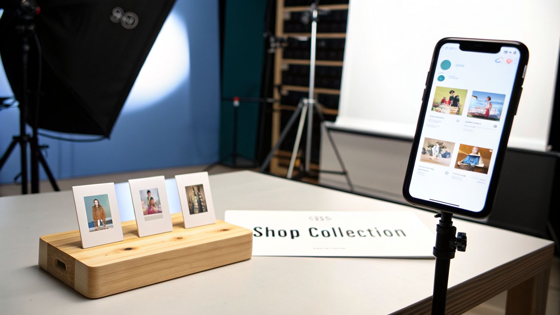 A smartphone displays a shopping app, surrounded by instant photos, a 'Shop Collection' sign, and studio equipment.