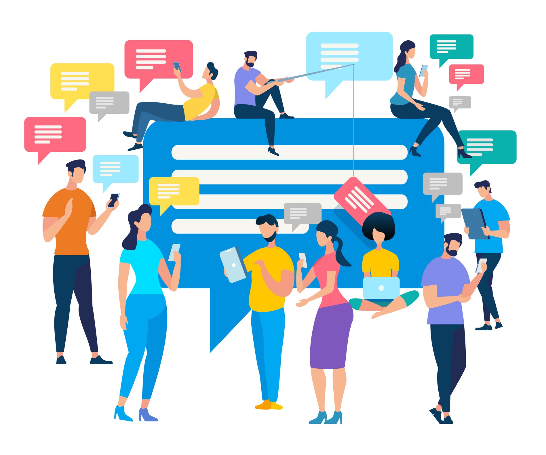 Illustration of multiple people engaging with social media messages and chat bubbles around a large chat interface