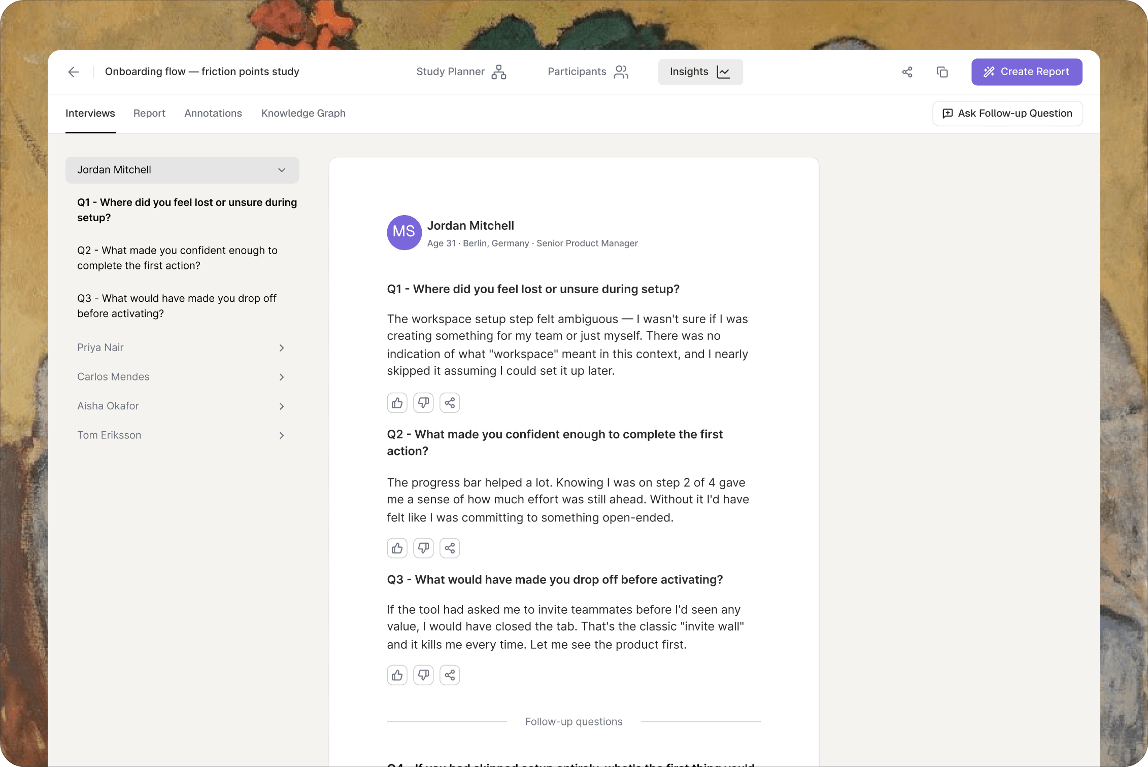 Synthetic Users platform showing the UX and Product Research workflow view