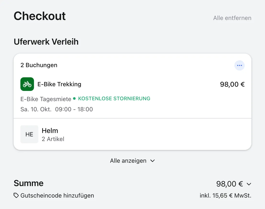 Warenkorb mit zwei E-Bike-Buchungen und zwei Helmen, Summe 98 Euro