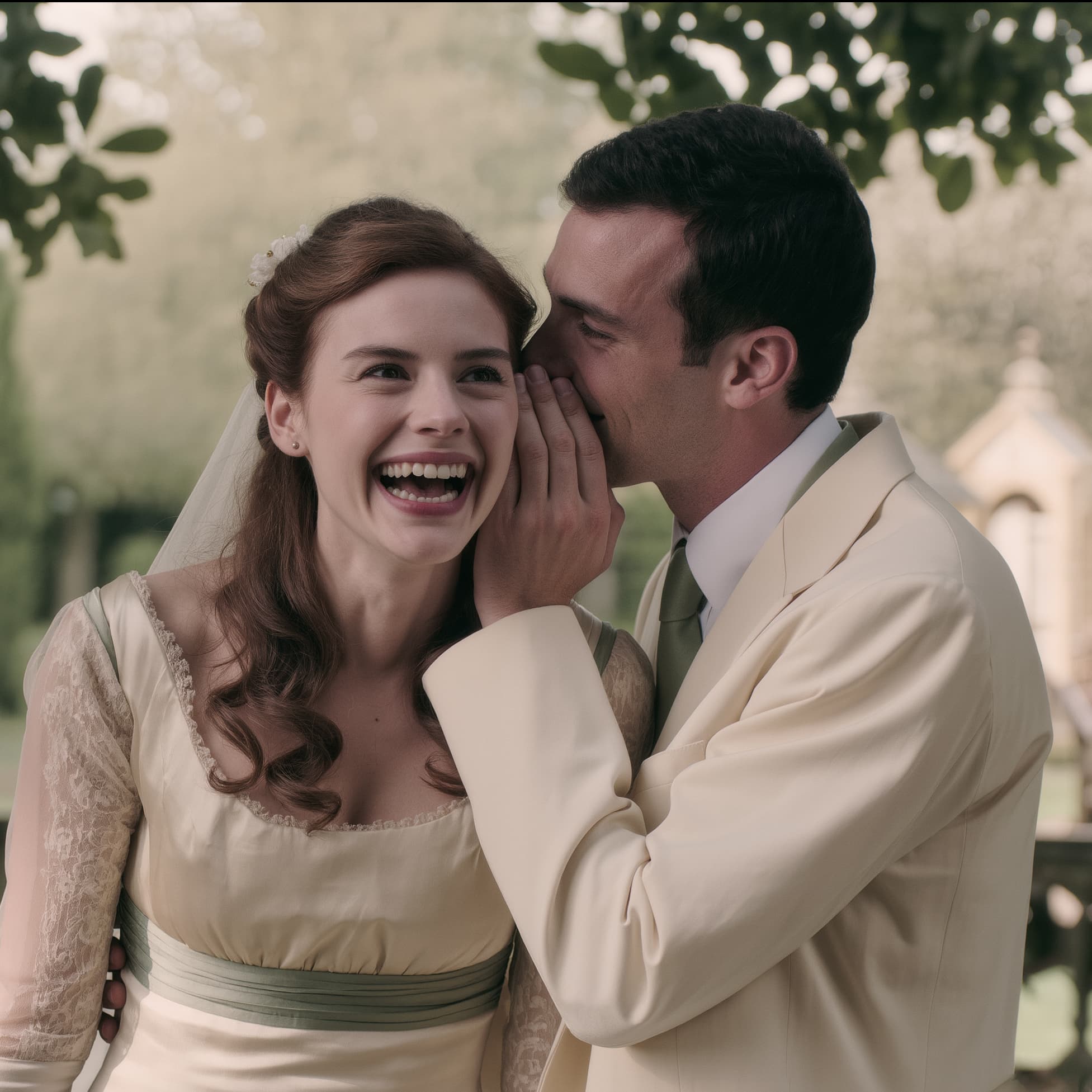 Candid wedding moment – groom whispering something to laughing bride outdoors