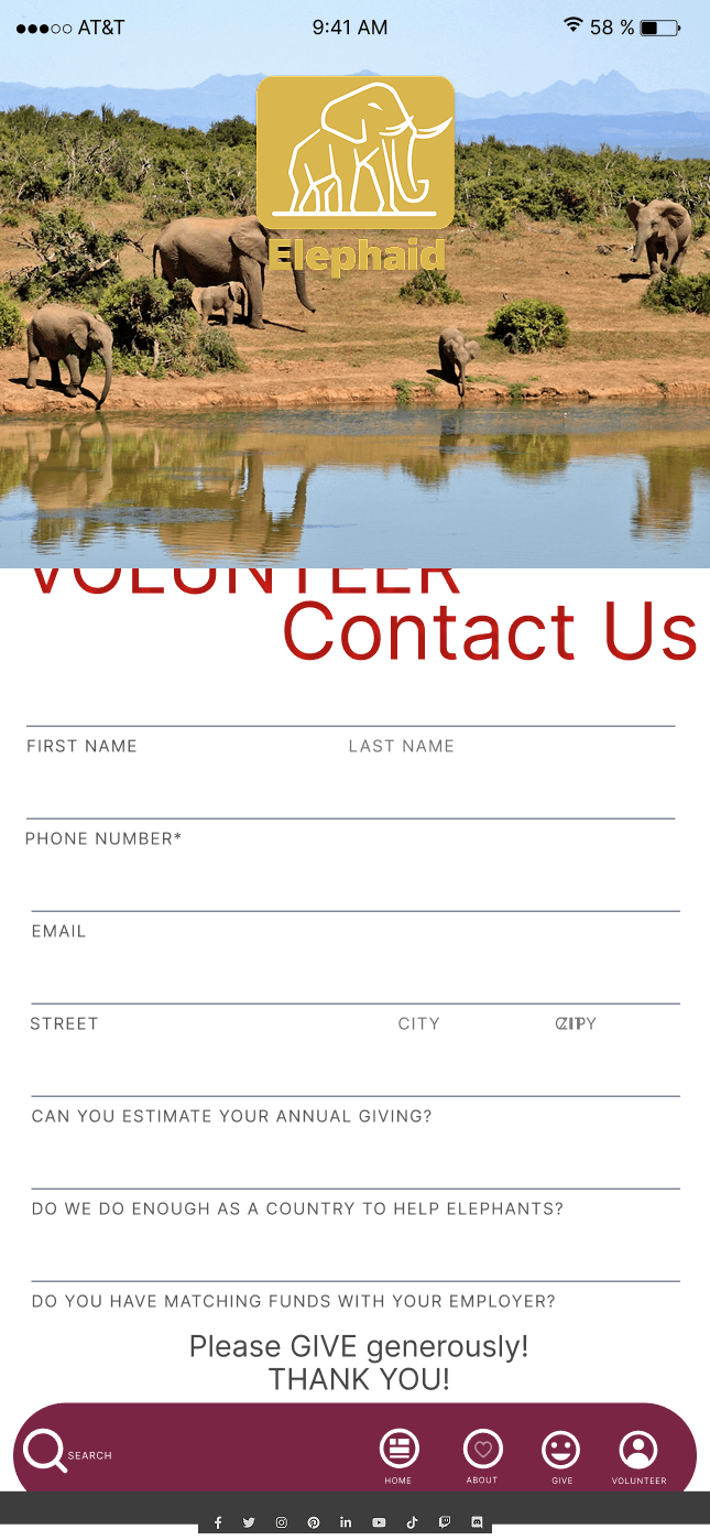 A wireframe of the Elephaid volunteering page displayed on a spiral notebook, showing a large hero image placeholder, form fields, and a Send button.