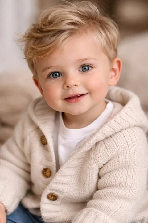 Smiling toddler in a cream cardigan