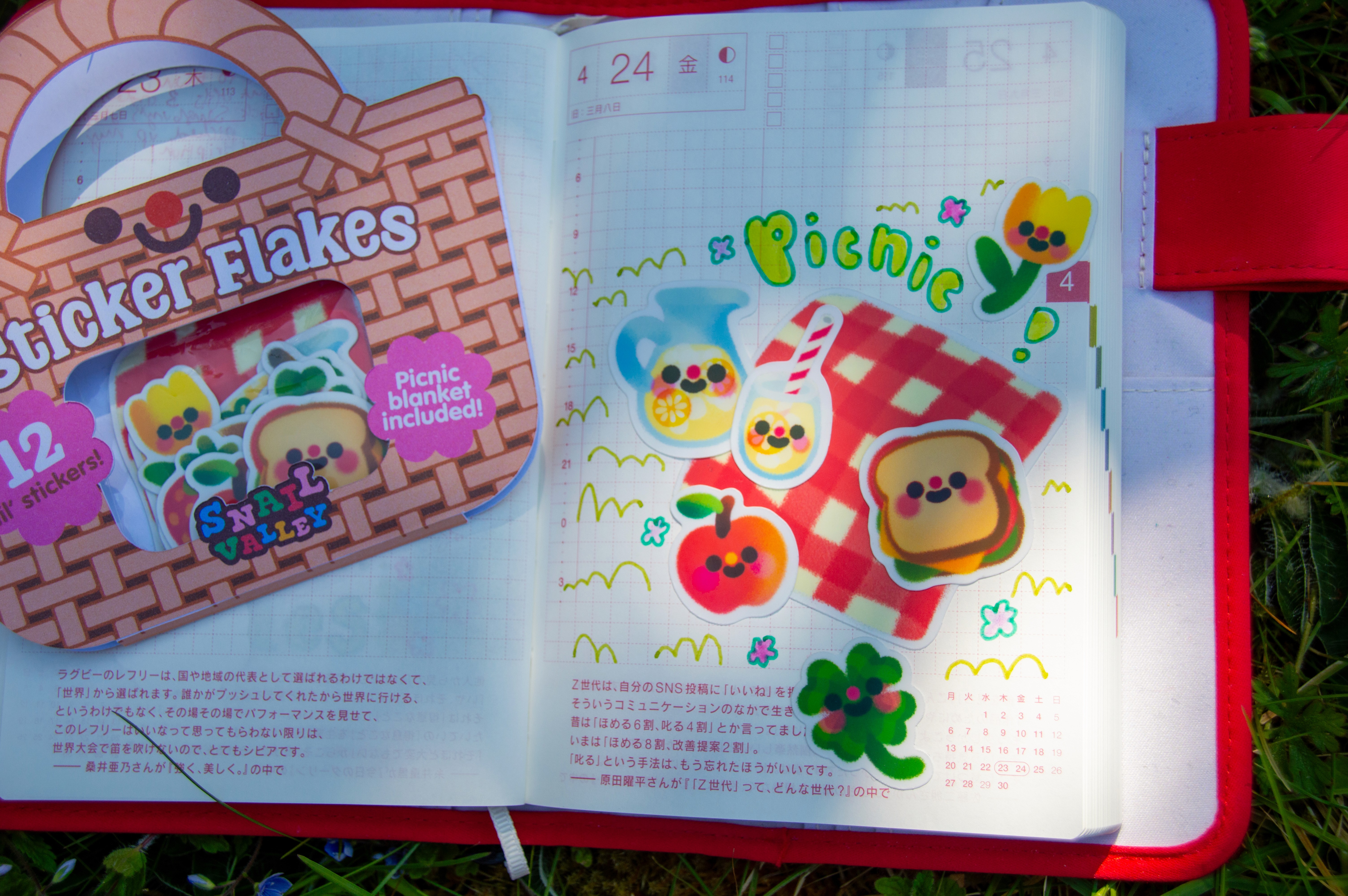 A diary open on a page that shows the stickers in use in a little picnic spread. In bubble writing, it says "Picnic!".