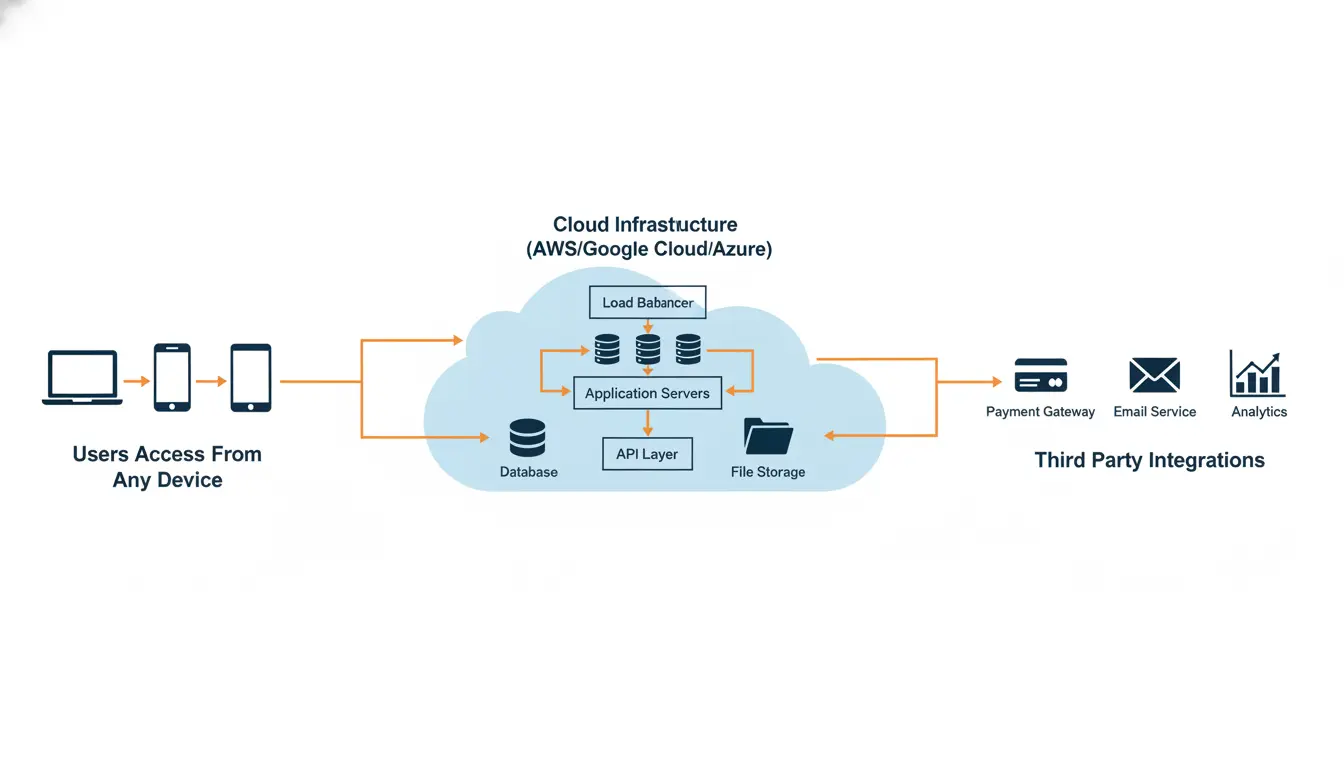 SaaS cloud architecture diagram showing user devices connecting to cloud servers, databases, and third party integrations
