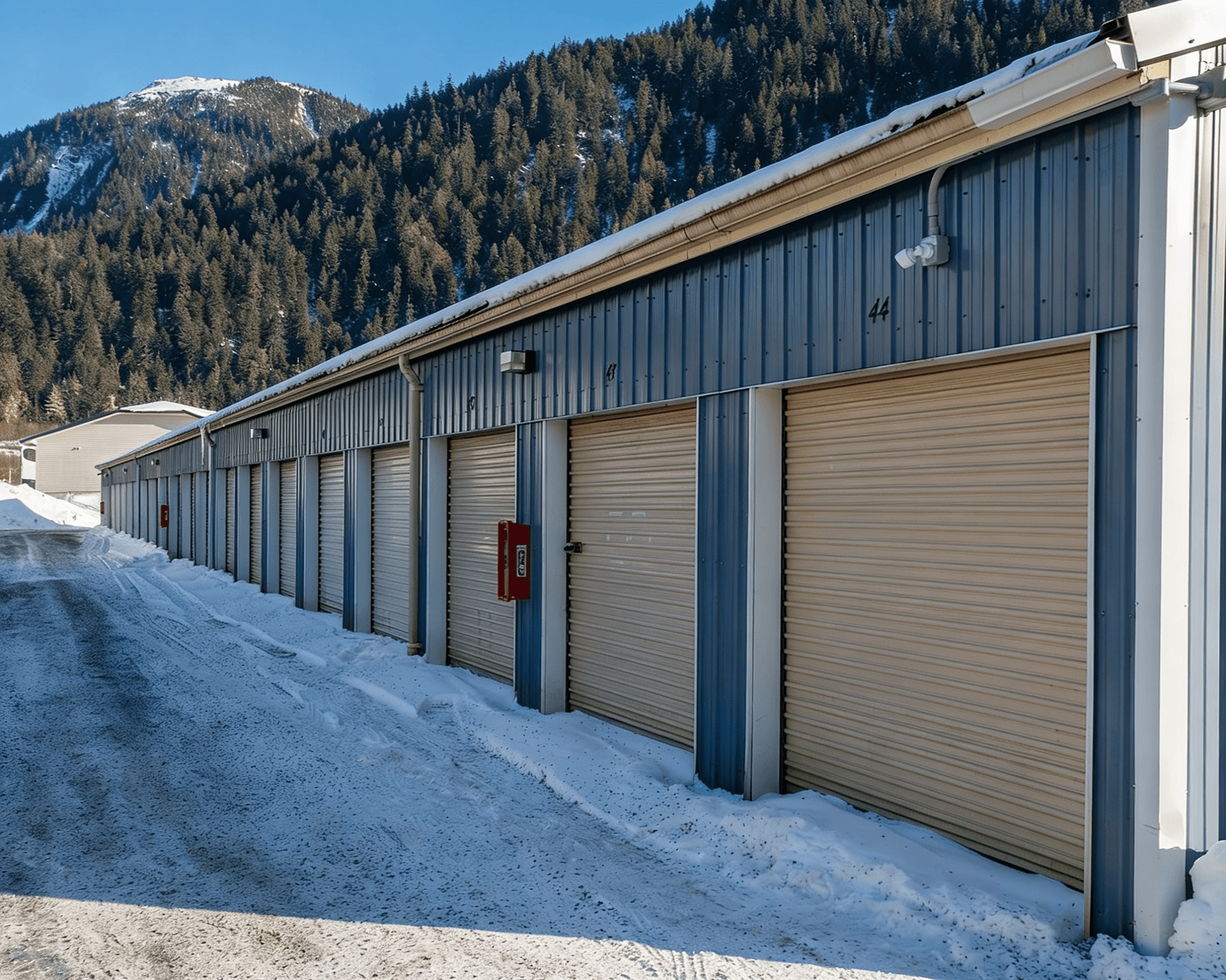 Row of exterior drive-up self-storage units with beige roll-up doors set into a grey metal panel building, snow on the ground, with a forested mountain slope visible in the background.