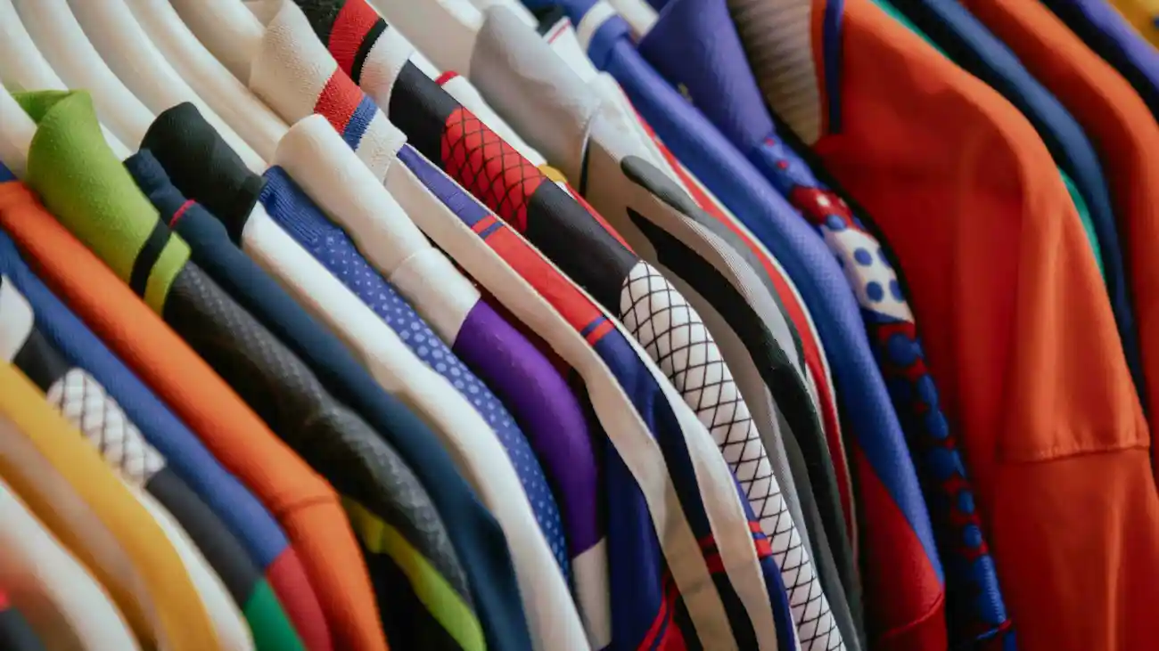 Colourful clothing hanging on a rail, representing sports club merchandising, co-branded apparel, sponsor promotions and fan merchandise for sponsorship campaigns.