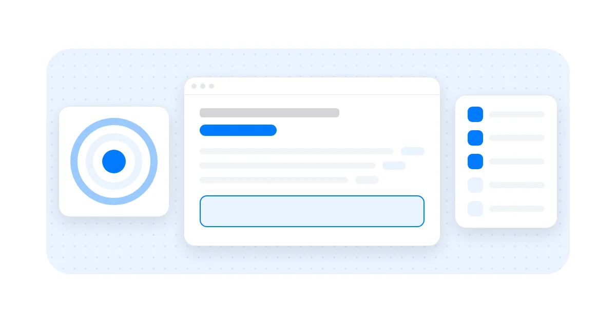Lichtblauw vlak met drie witte kaarten: een doelwit met blauwe kern, een schets van een accountbrief met een gemarkeerd vlak en een lijst van vijf stappen waarvan drie blauw