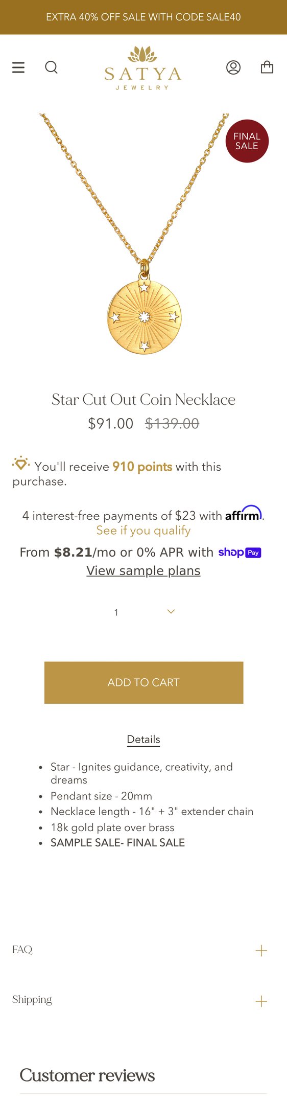 Jewelry product options include: necklace, pendant, chain for Star Cut Out Coin Necklace from Satya.