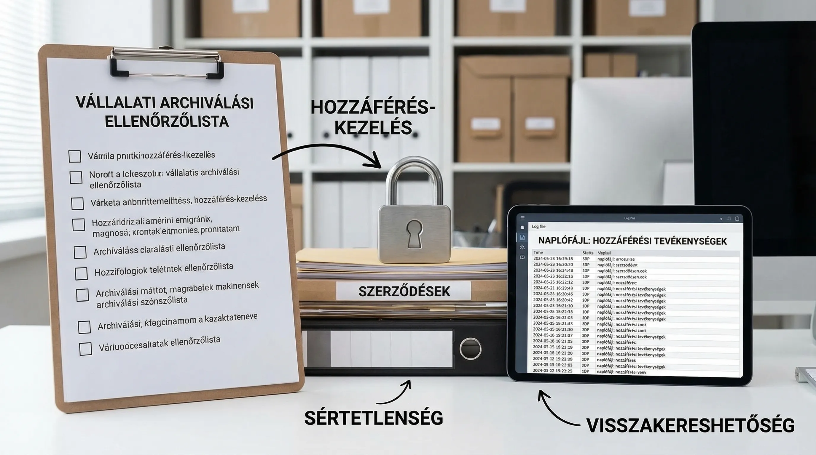 Egy vállalati archiválási ellenőrzőlista és egy lakat ikon, mellette mappastruktúra és naplófájl jelölések, amelyek a hozzáférés-kezelést, sértetlenséget és visszakereshetőséget szimbolizálják.