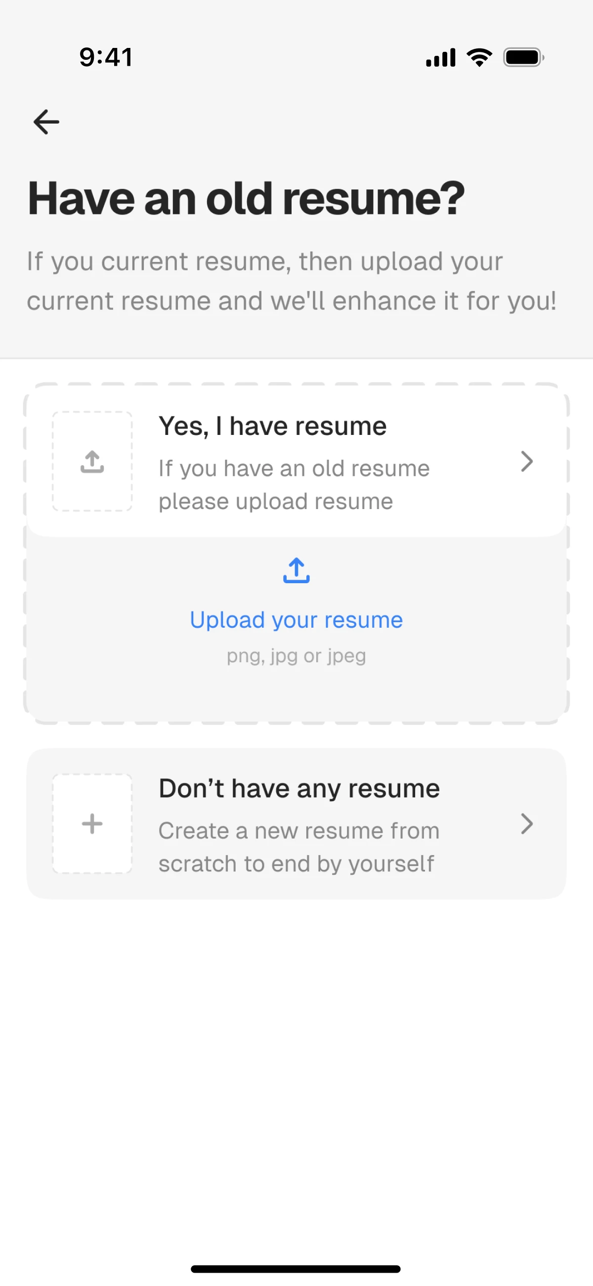 ResumeIT interface asking users to upload their current resume for instant improvement