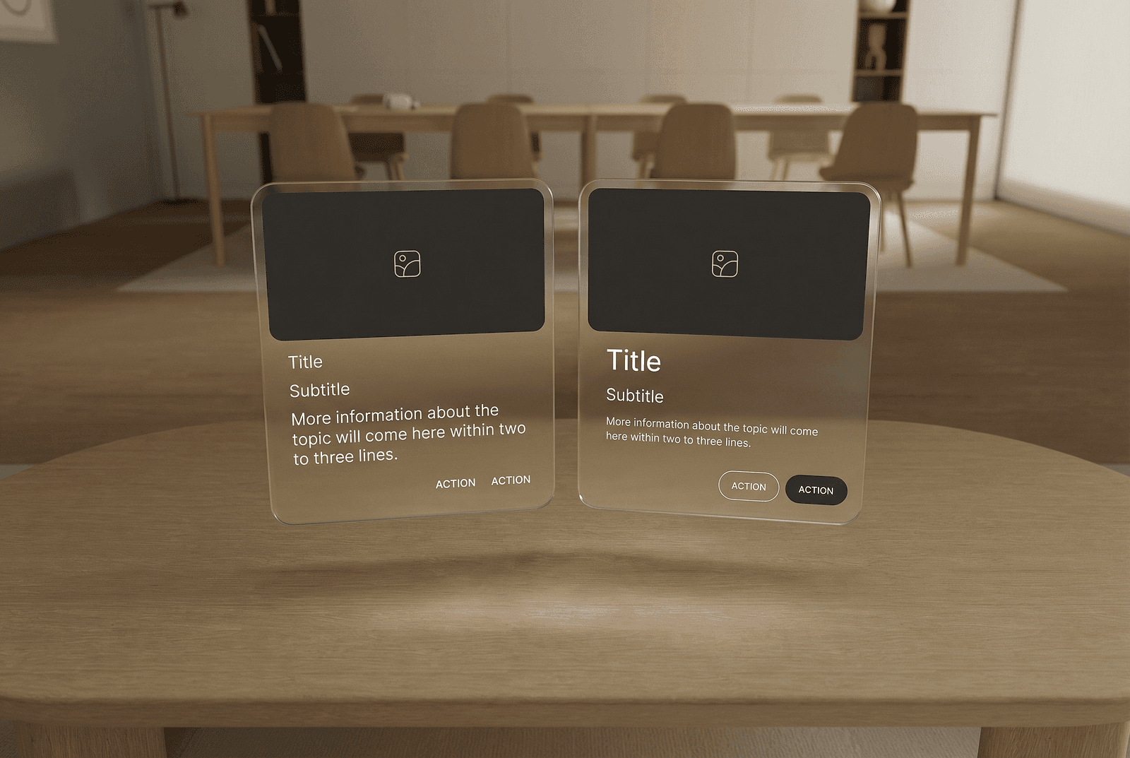 Two translucent, floating interface cards hover above a wooden table in a calm, modern workspace, suggesting designers evaluating and selecting outcomes rather than building components from scratch.