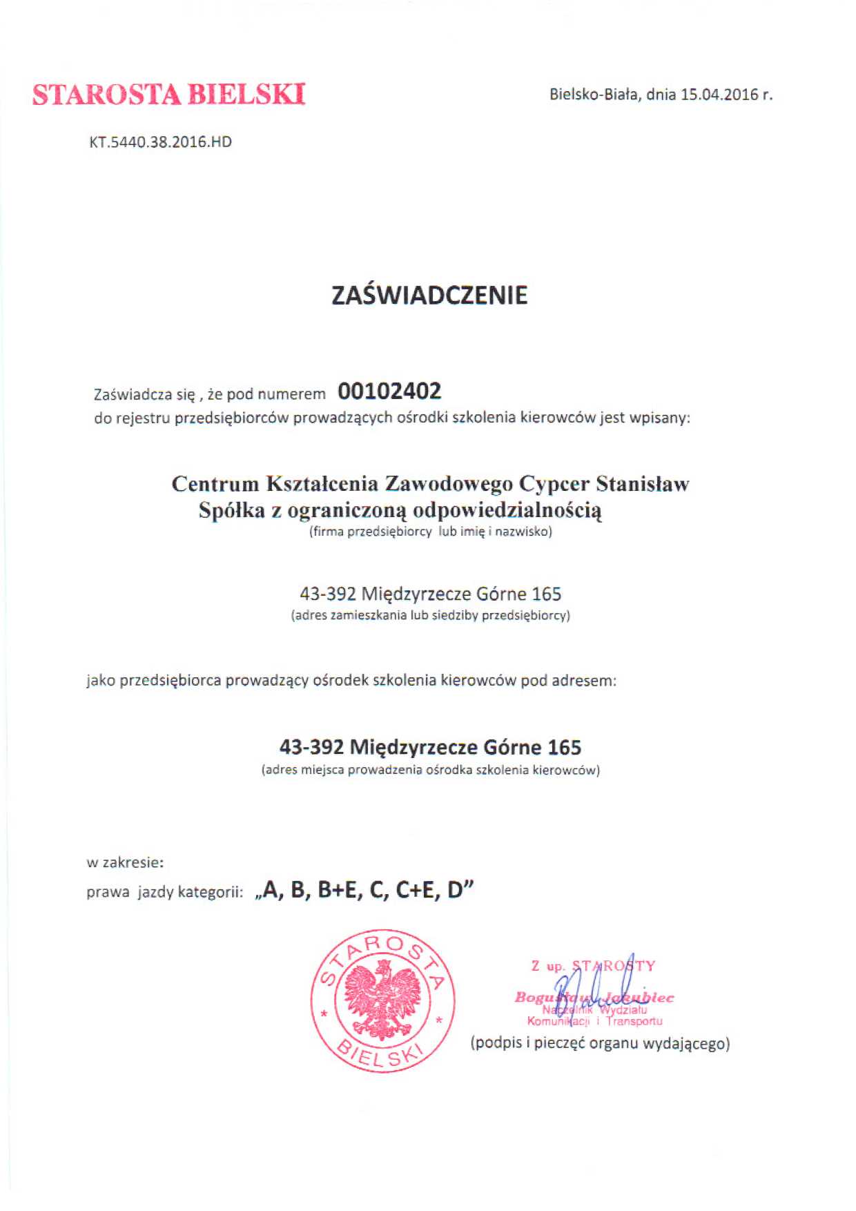 Certyfikat CKZ Cypcer w zakresie szkoleń z eksploatacji urządzeń elektroenergetycznych.