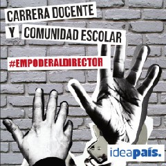 Portada de Carrera docente y comunidad escolar: #EmpoderarAlDirector, estudio de IdeaPaís, mostrando el tìtulo, junto a una ilustración de manos en blanco y negro con un muro de ladrillos detrás. 