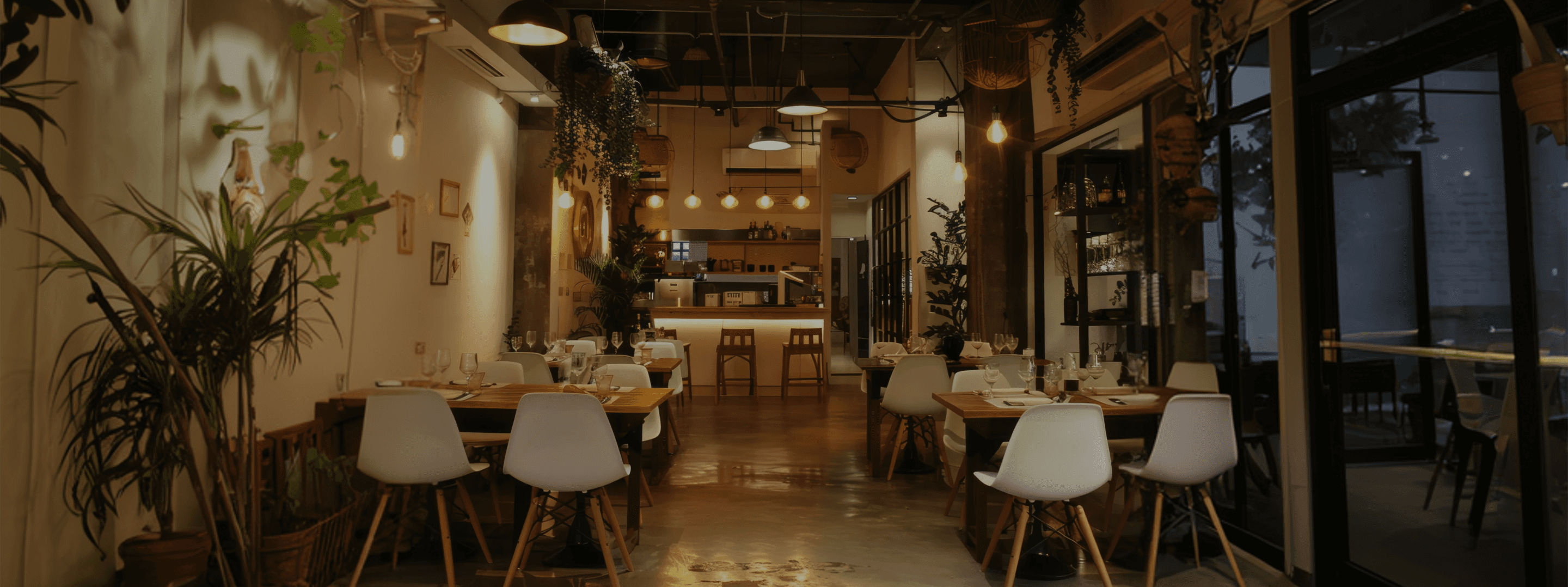 Intérieur de restaurant avec plantes et tables dressées