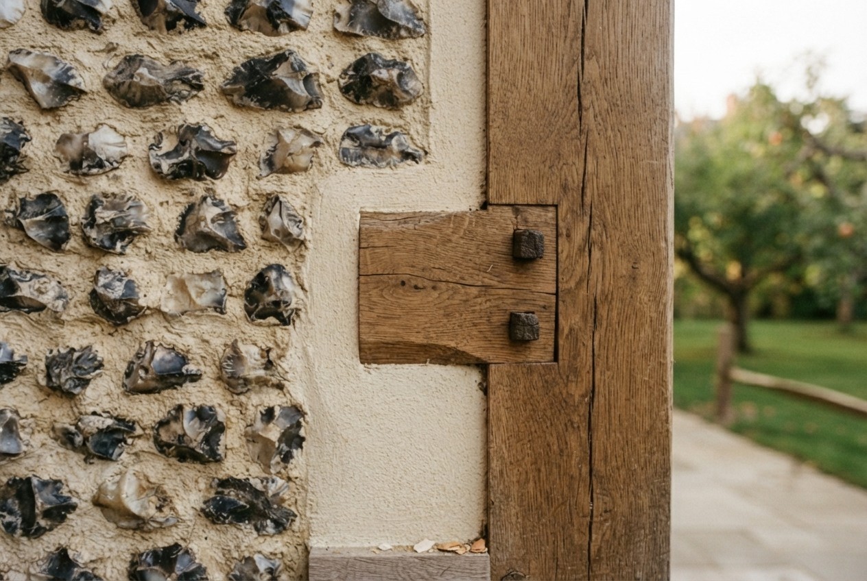 Detail of knapped flint panels and green oak frame