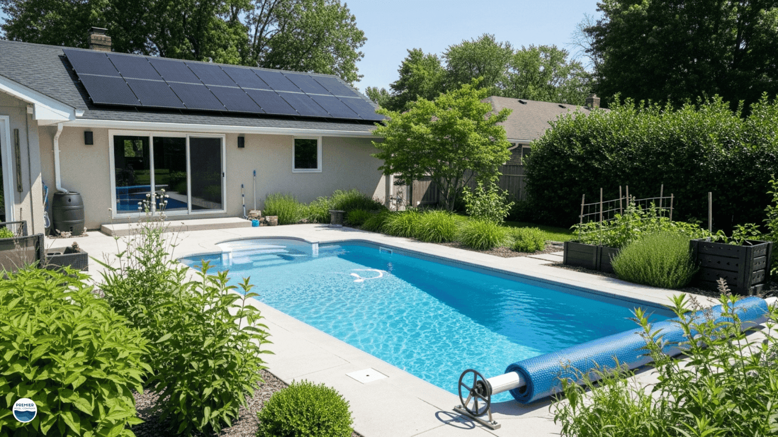 Eco-friendly fiberglass pool installation with solar heating and sustainable design