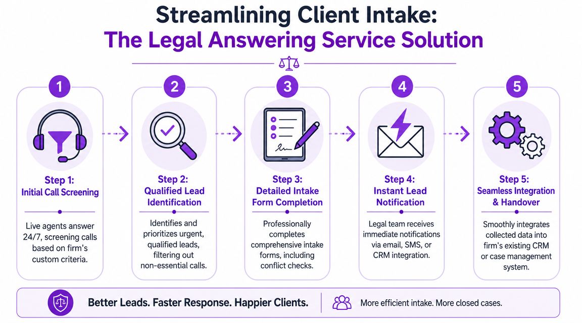 A five-step infographic illustrating how legal answering services streamline client intake processes for law firms.