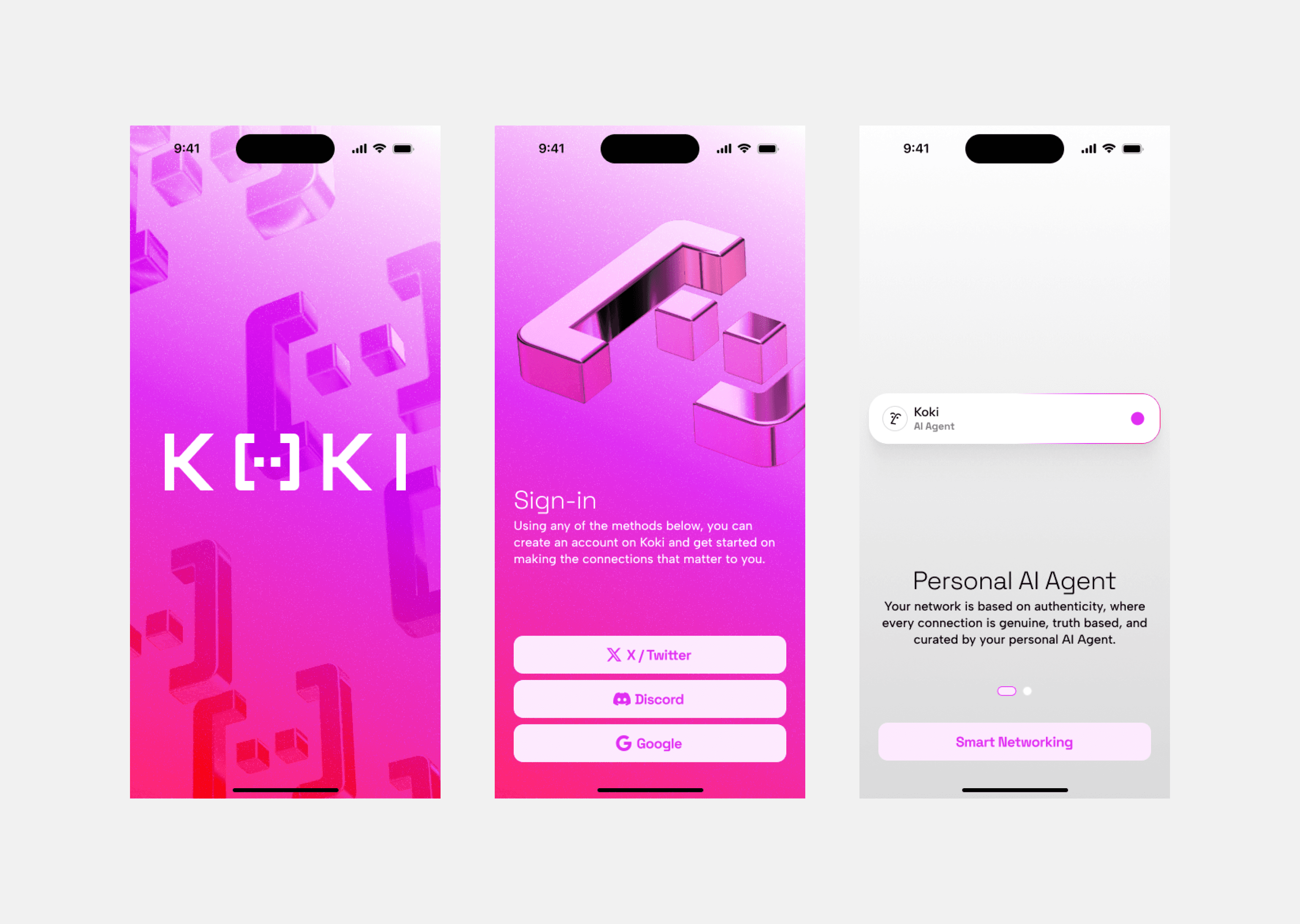 Onboarding screens for Koki