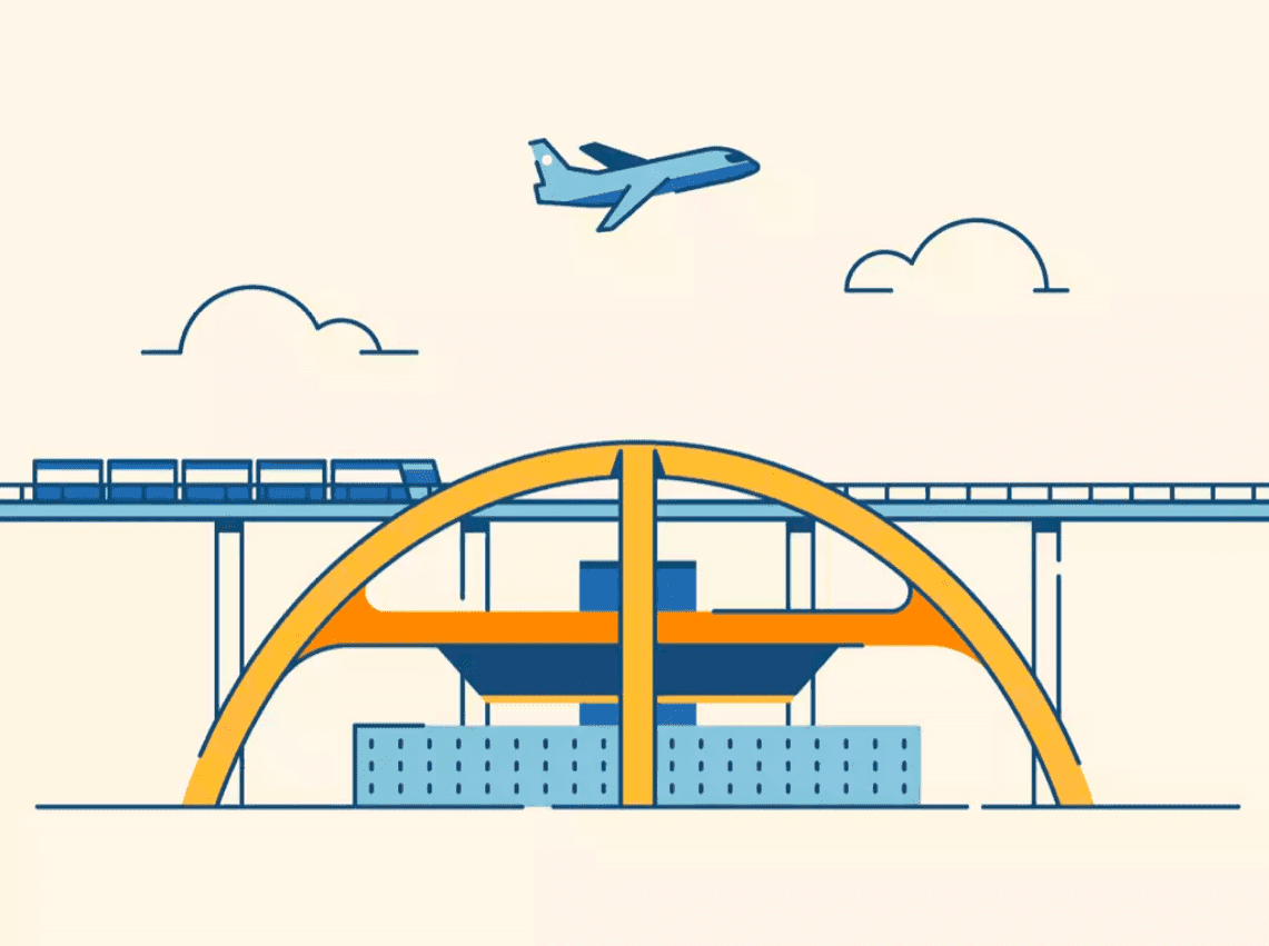 Airplane over bridge with train and clouds
