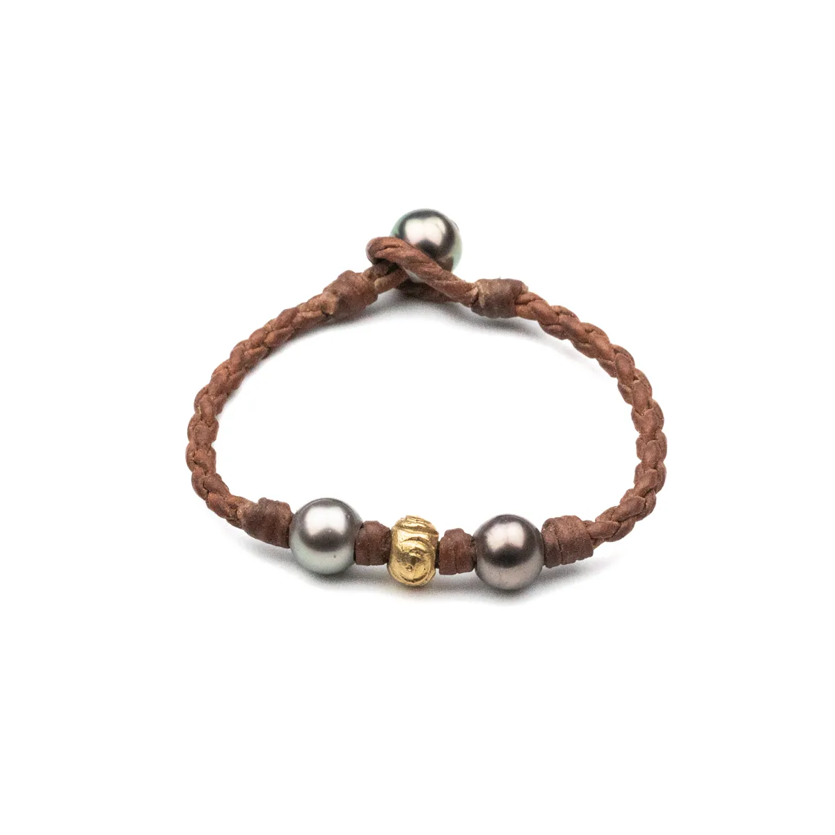 Tahitian Pearl and gold bead bracelet on braided brown leather cord with pearl toggle closure — Manos de Oro Saint Barth