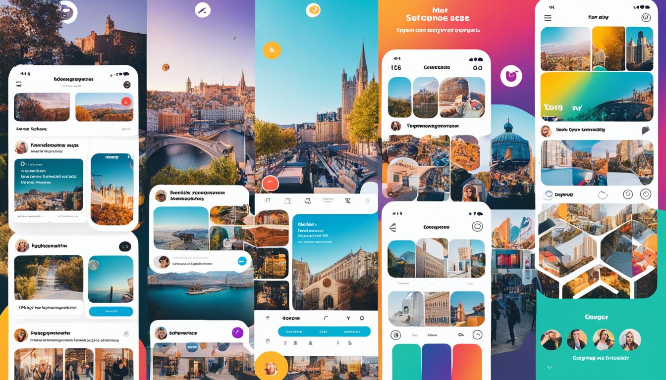 Visualize Instagram Story engagement by depicting a vibrant community of users interacting with and responding to each other's stories. Incorporate a variety of engagement features such as polls, questions, and sliders, all surrounded by an energetic and dynamic background. Show users actively swiping through stories, commenting, and sharing them with their followers. There should be a sense of movement and liveliness throughout the image, capturing the excitement and buzz of a thriving Instagram community.