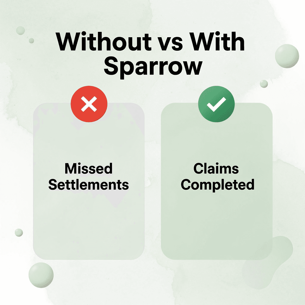 Before and after infographic showing missed settlements versus completed claims with Sparrow