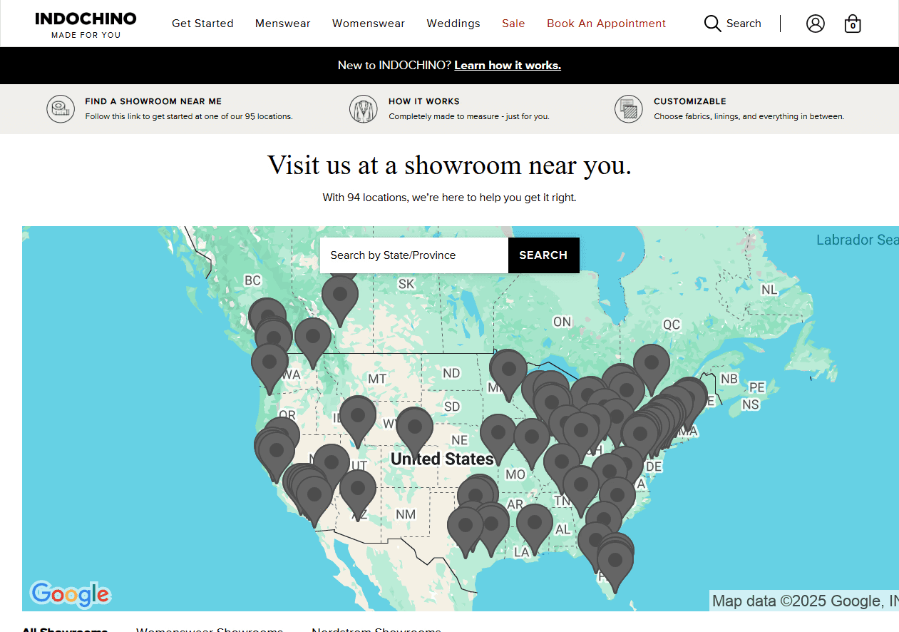 Indochino showroom locator showing store locations across the United States and Canada.