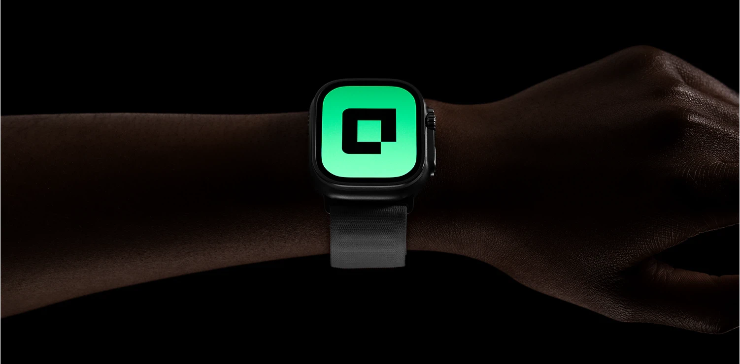 A smartwatch on a wrist displaying the Digiro app logo on a bright green screen.