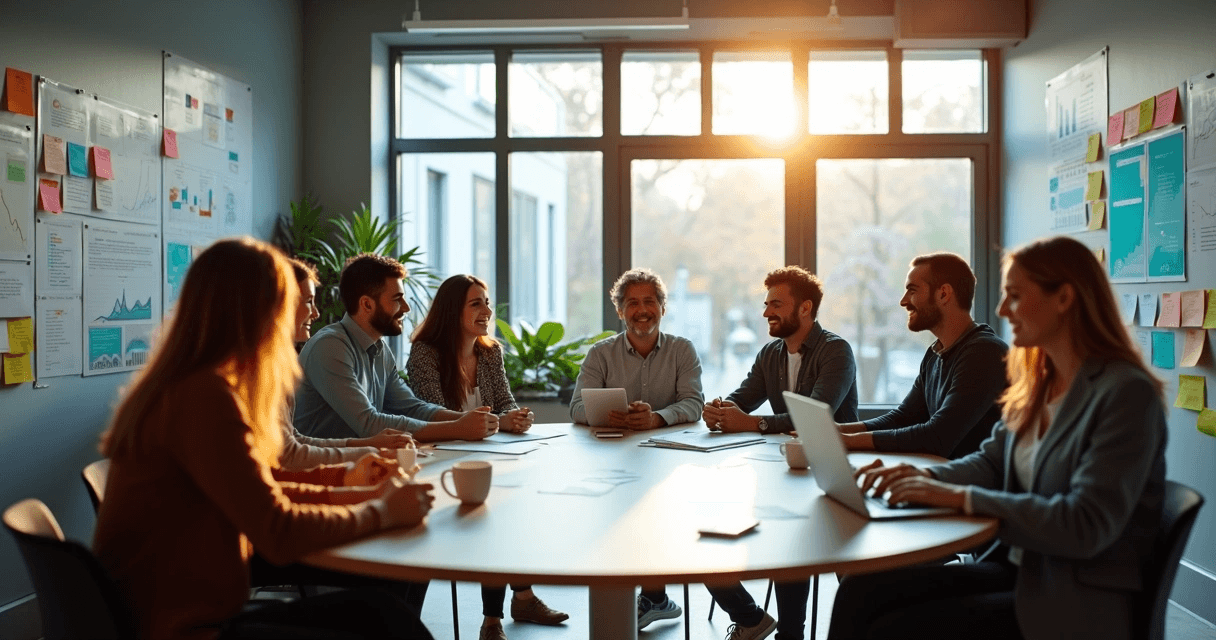 Colaboradores reunidos sorrindo em ambiente corporativo moderno
