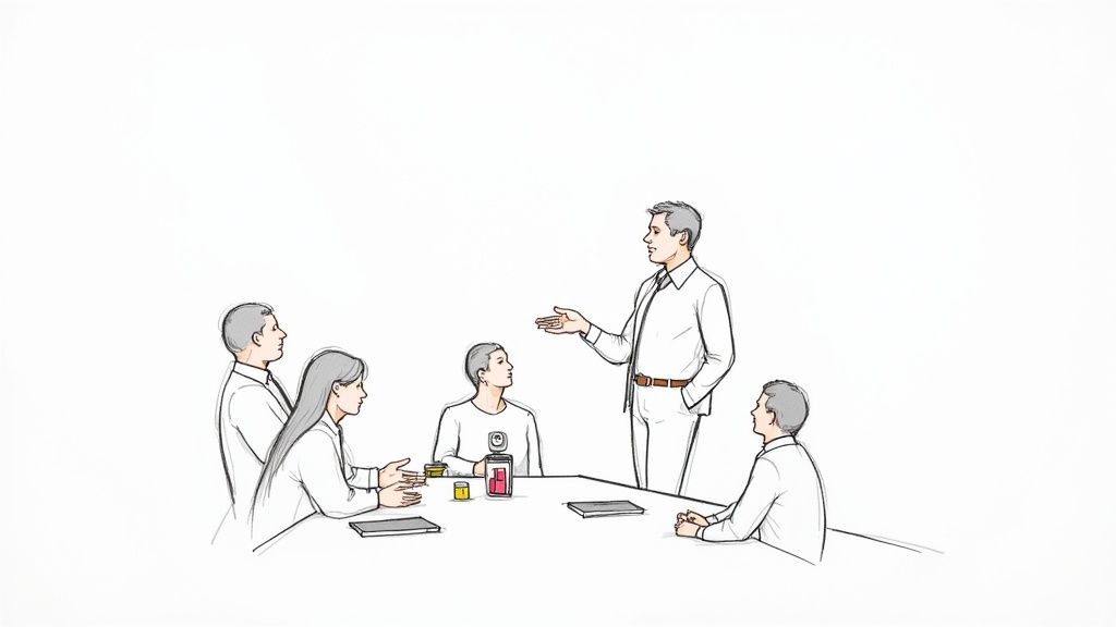 A group of colleagues in a business meeting, with a man standing and gesturing, leading the discussion among seated members.