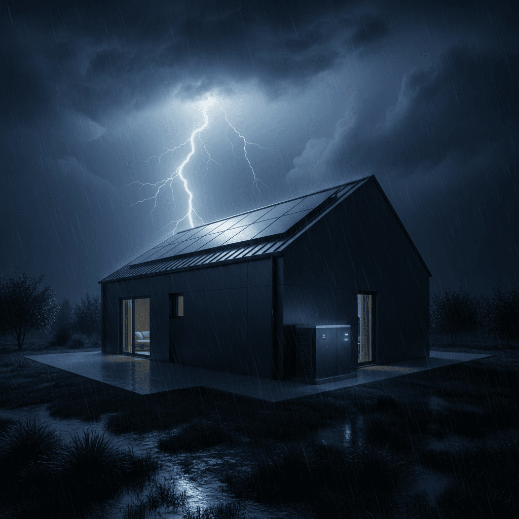 photo d'une maison avec des panneaux solaires avec un système de back-up pour éviter le black out