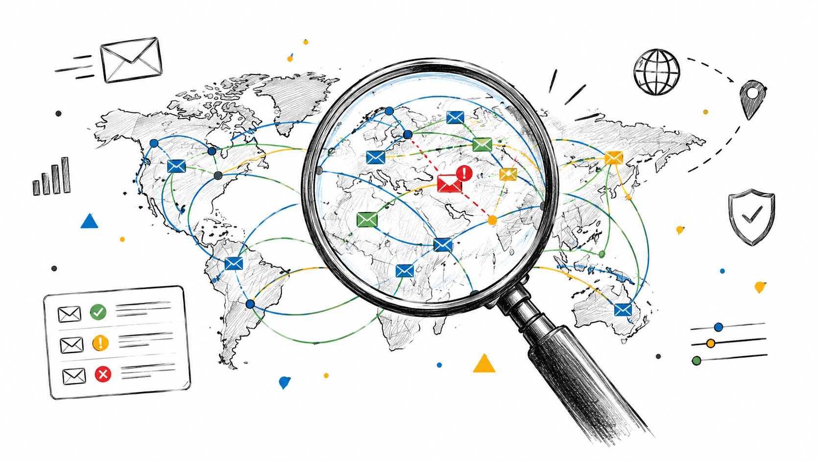A magnifying glass inspecting global email routing and data connections over a world map illustration.