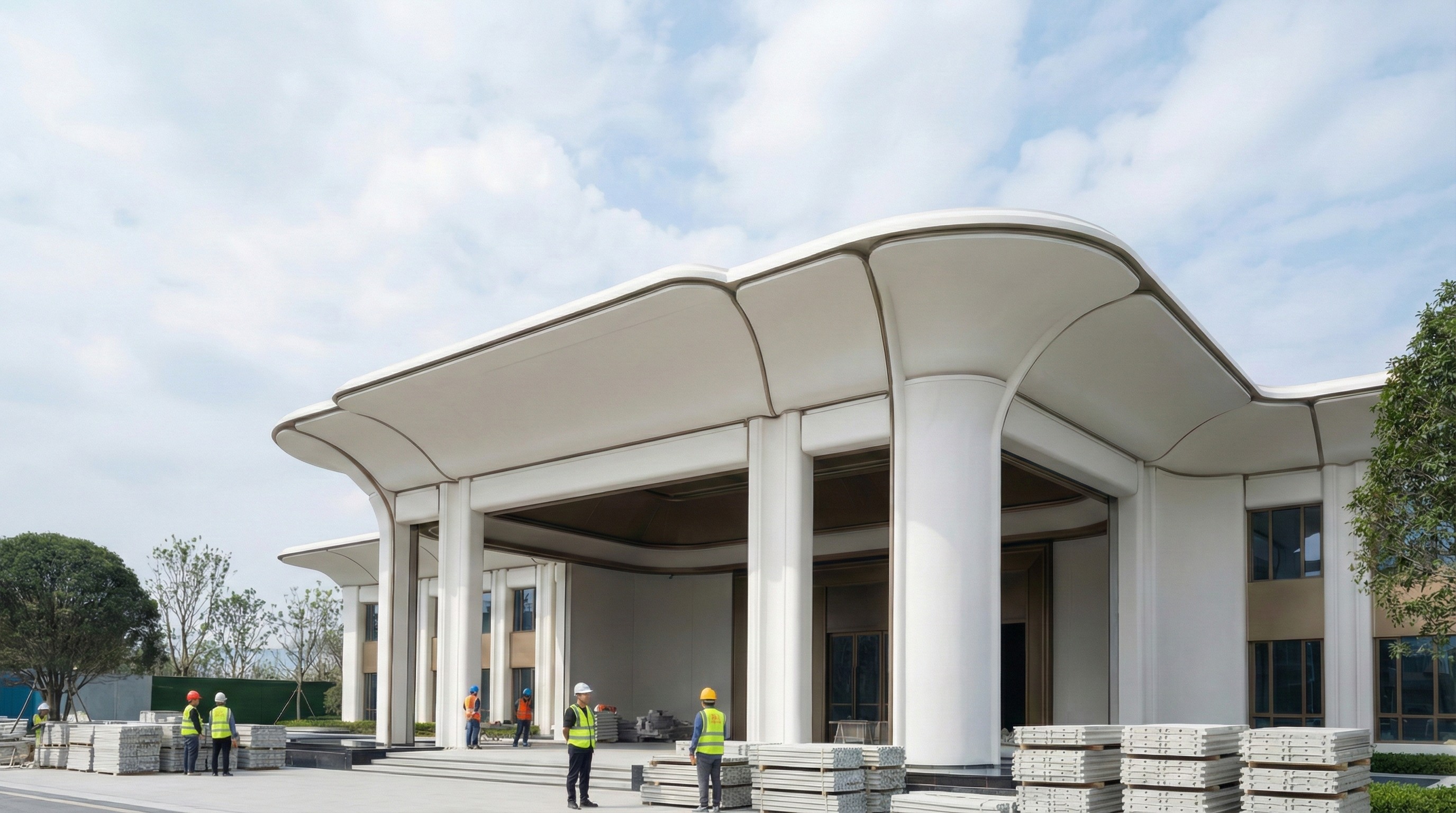 Finished luxury building entrance featuring massive curved marble columns and canopy by NOVA STONE.