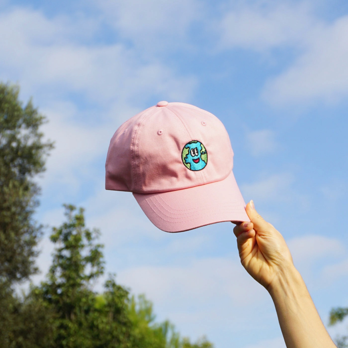 Pink cap with a colorful design held against a blue sky with trees