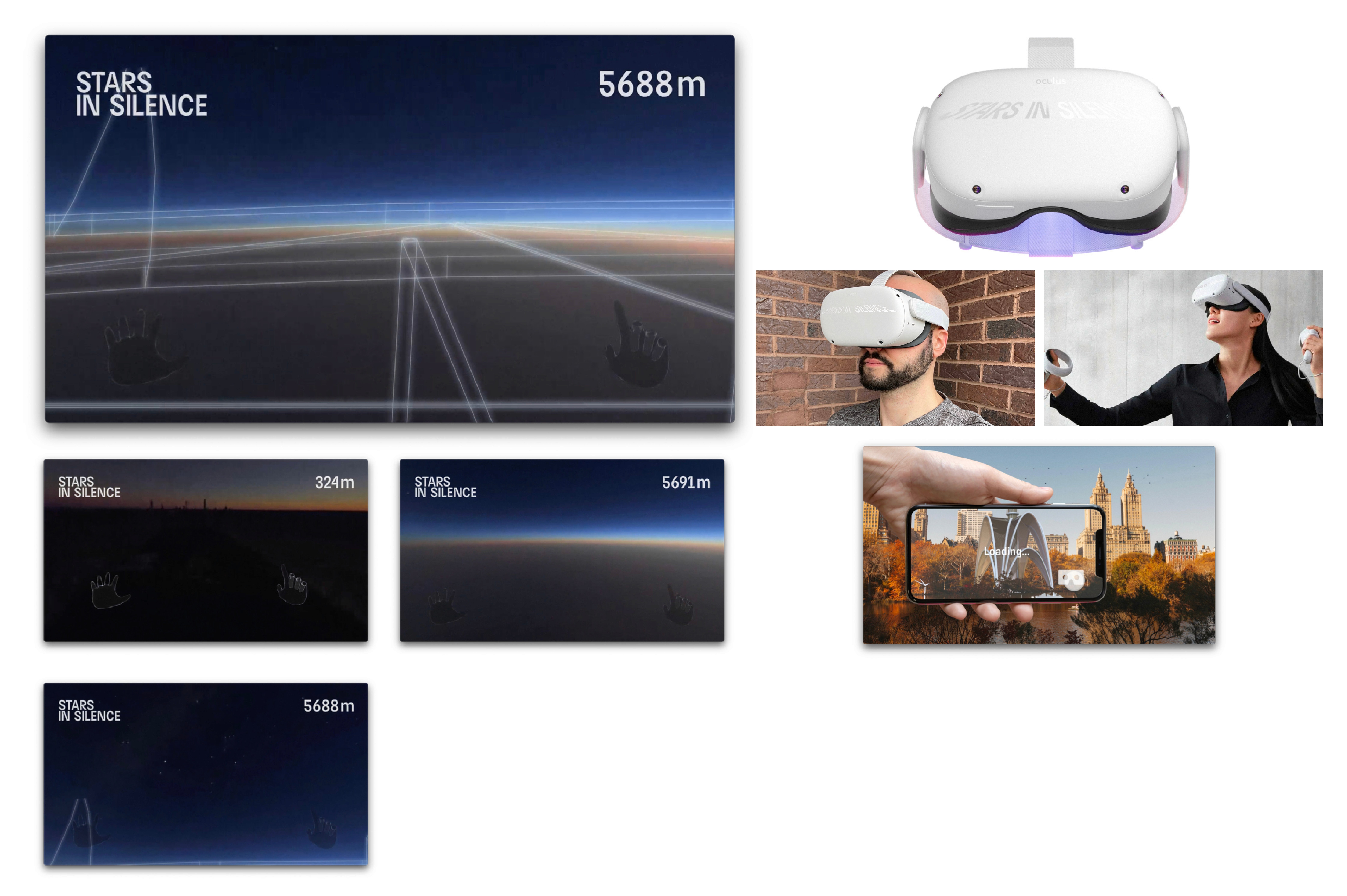A collage of images displays various VR experiences. The top left shows “STARS IN SILENCE” at 5688m. The top right shows a white VR headset labeled “STARS IN SILENCE”. Below are three smaller images: “STARS IN SILENCE” at 324m, “STARS IN SILENCE” at 5691m, and a hand holding a phone displaying a cityscape.