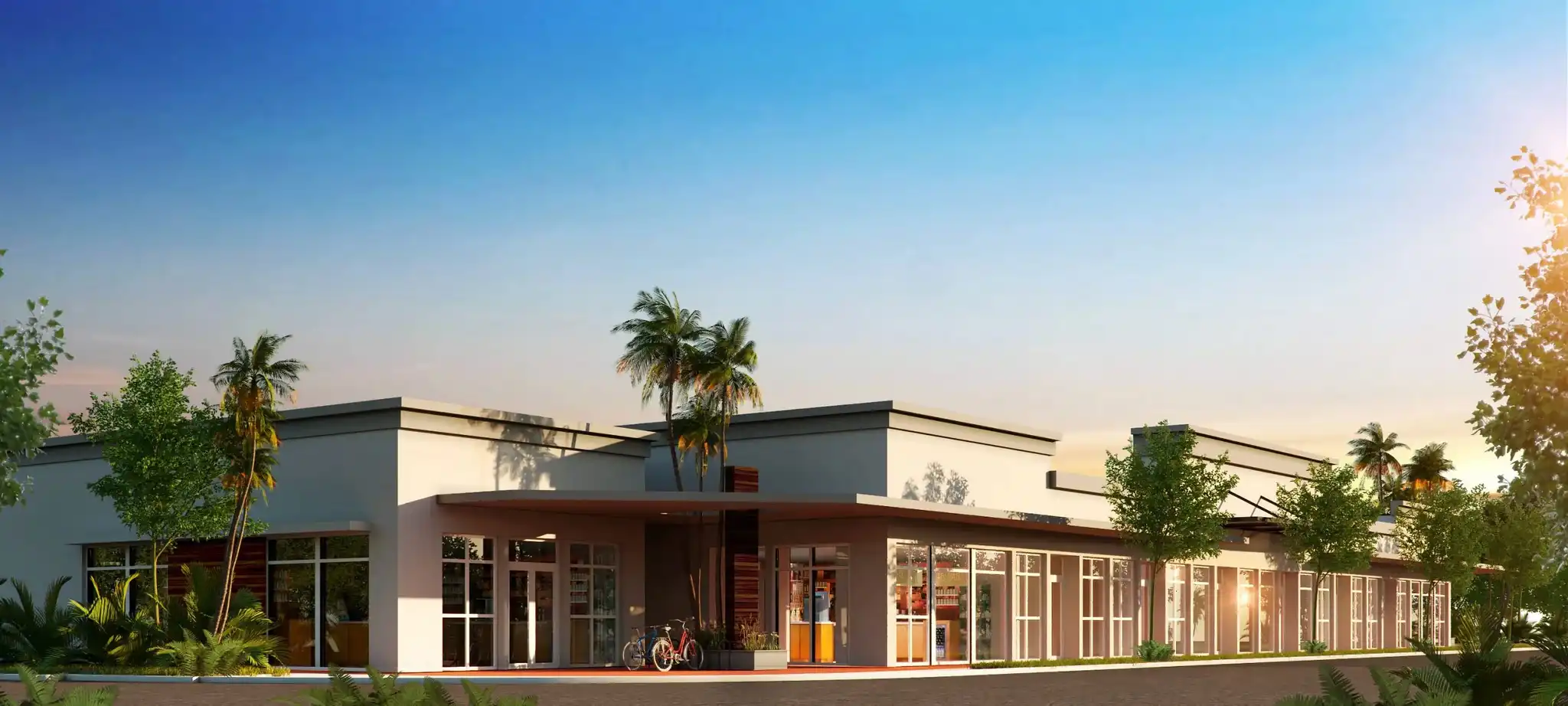 Retail strip center render with storefront glazing and wood accents, SW 27th Street Fort Lauderdale